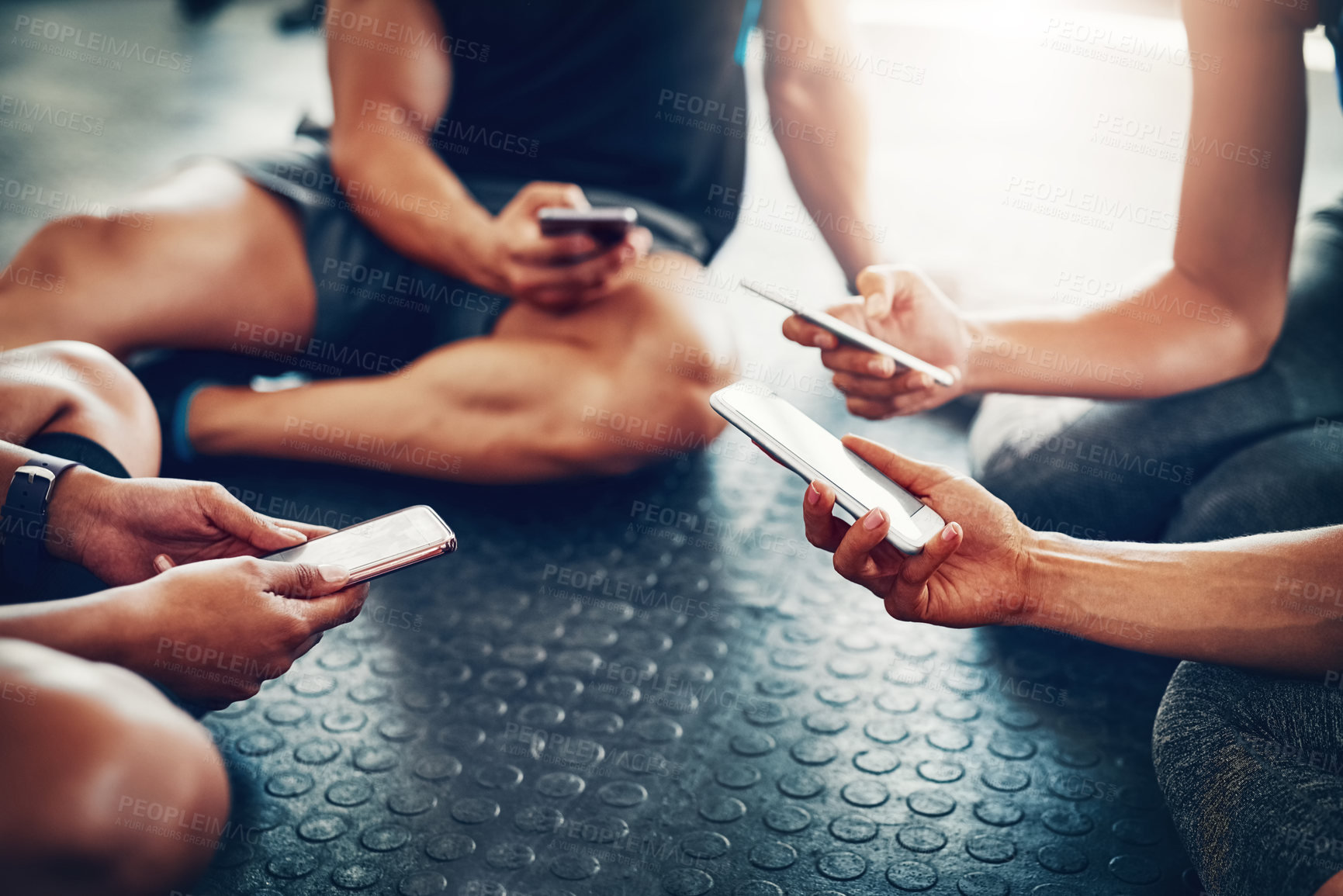 Buy stock photo People, hands and calendar with phone for fitness schedule, workout or data sync at gym. Closeup of group on mobile smartphone or networking for training day, exercise routine or date at health club