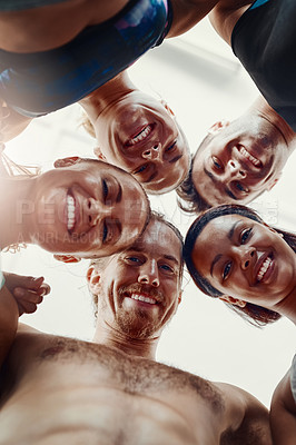 Buy stock photo Below, fitness and people in circle for portrait, happy and solidarity in gym. Team, smile or face in huddle for support, wellness or exercise in sports center for friendship, diversity or motivation