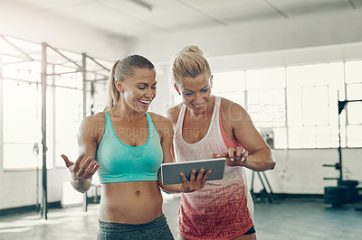 Buy stock photo Shot of two young women using a digital tablet at the gym
