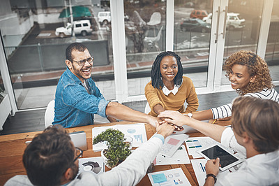 Buy stock photo Business people, hands and stack in office for cooperation, planning and research with documents. Finance team, diversity and commitment together with collaboration or agreement for financial goals