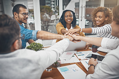 Buy stock photo People, diversity and hands together for team building, success and business meeting in office. Group, employees and happy for support, project and cooperation for collaboration, creativity or career