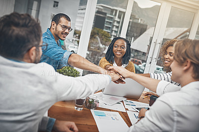 Buy stock photo People, collaboration and hands together for team building, success and business meeting in office. Group, employees and happy for support, project and cooperation for diversity, creativity or career