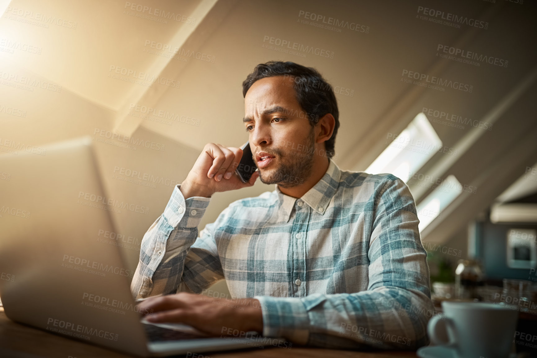 Buy stock photo Man, employee and restaurant with laptop in phone call for online and internet research as blogger. Male person, coffee shop and journalist on conversation for project, remote work and freelancer