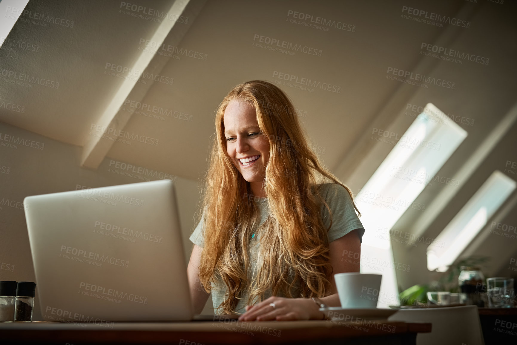 Buy stock photo Woman, laptop and smile in restaurant with good news or achievement as freelancer. Female person, remote work and excited as journalist for communication and networking with email for job offer