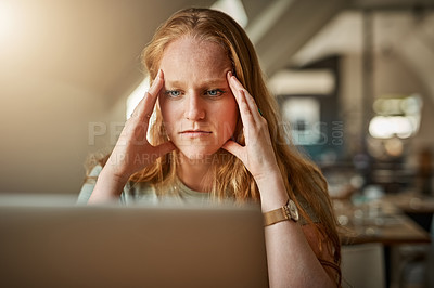 Buy stock photo Freelancer, laptop or woman with stress, burnout and anxiety in startup worried by new project deadline. Designer, small business and girl frustrated with 404 error crisis, breakdown or depression