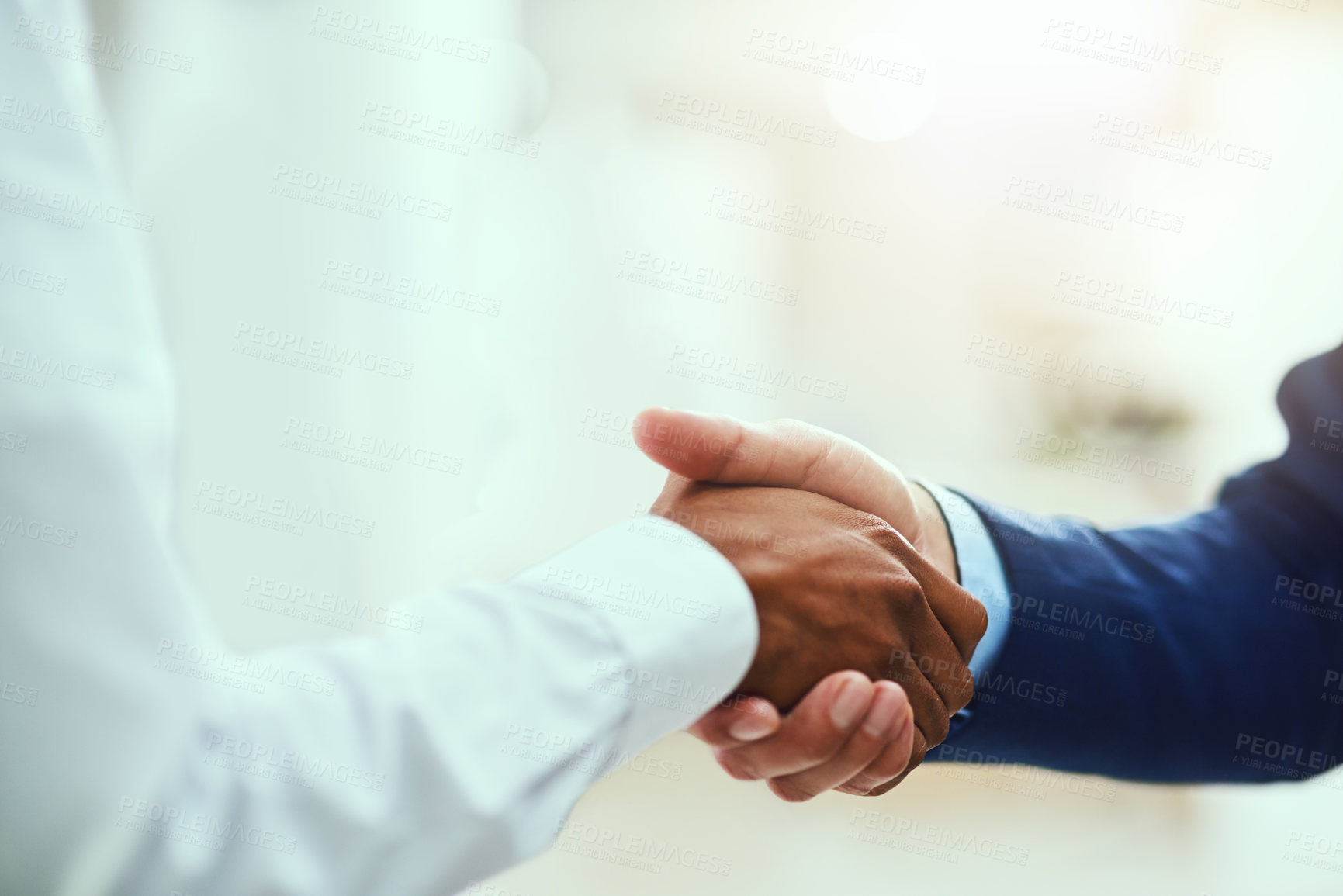 Buy stock photo Deal, business people and handshake closeup for collaboration, support or b2b partnership in office. Shaking hands, teamwork and agreement for success, negotiation offer or thank you for opportunity