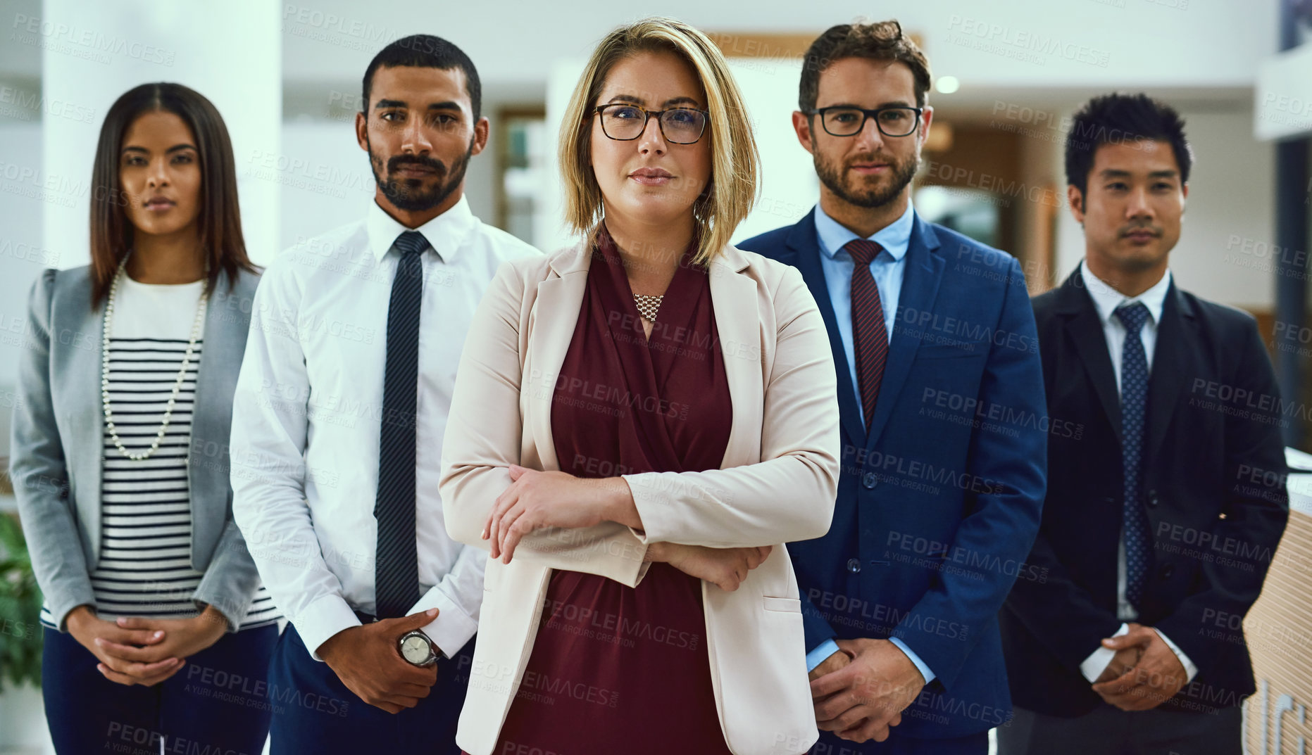 Buy stock photo Corporate, portrait and team with leadership, diversity and confidence in office for teamwork and trust. Law firm, people and group of lawyer with collaboration for legal, justice and courtroom