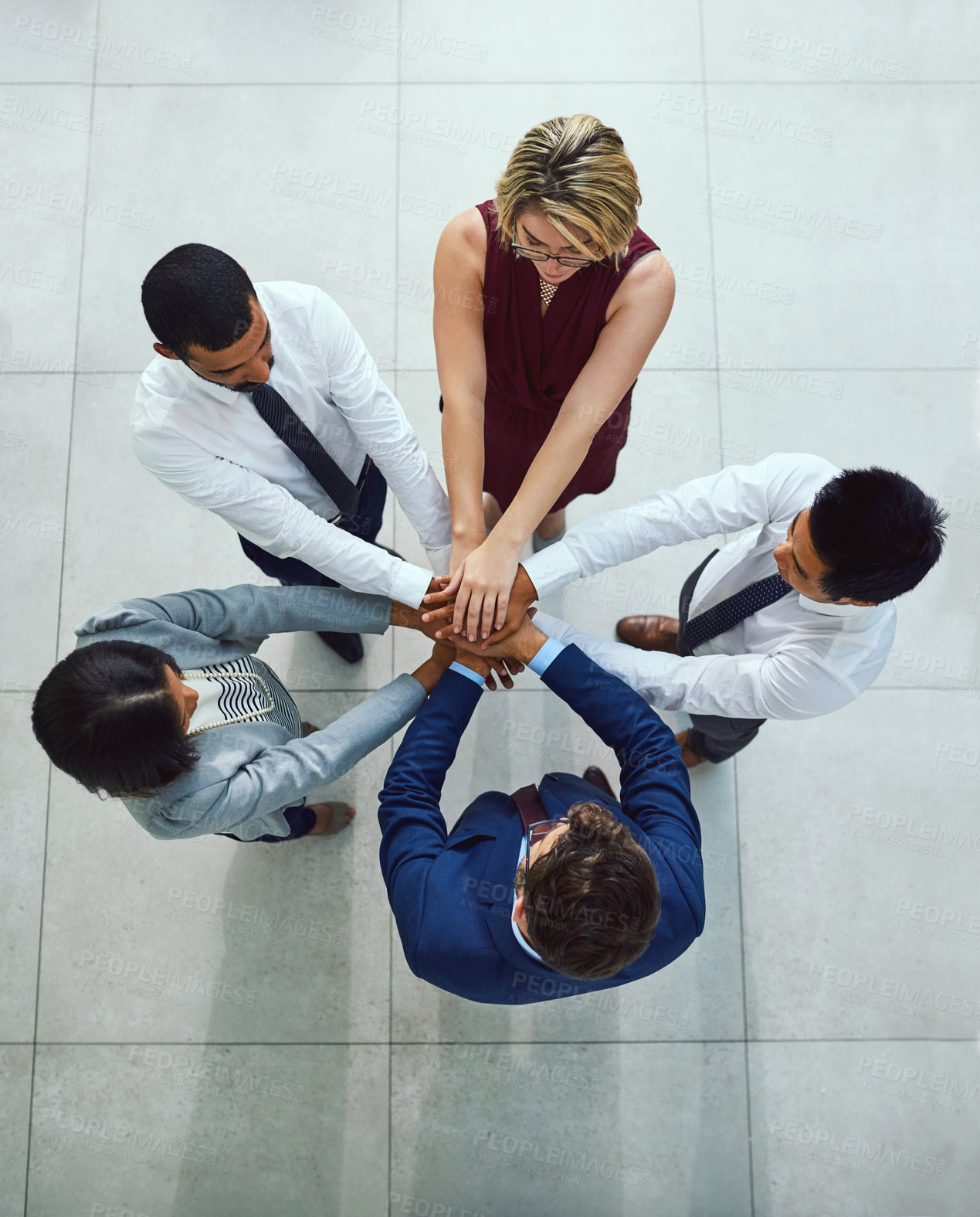 Buy stock photo Business diversity, hands pile and collaboration together from above in office. Corporate team, support and trust for hope, motivation and success working with commitment and union or teambuilding