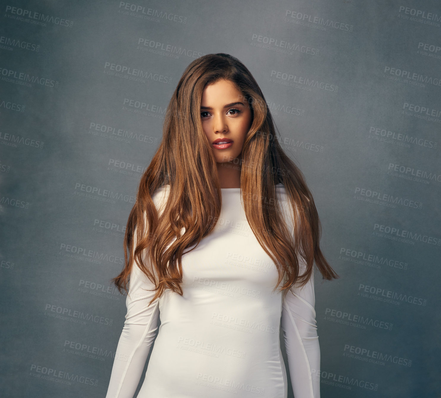 Buy stock photo Cosmetics, portrait and woman confident for haircare, treatment or fashion in studio background. Female person, beauty and salon treatment for wellness, healthy growth and keratin or collagen  