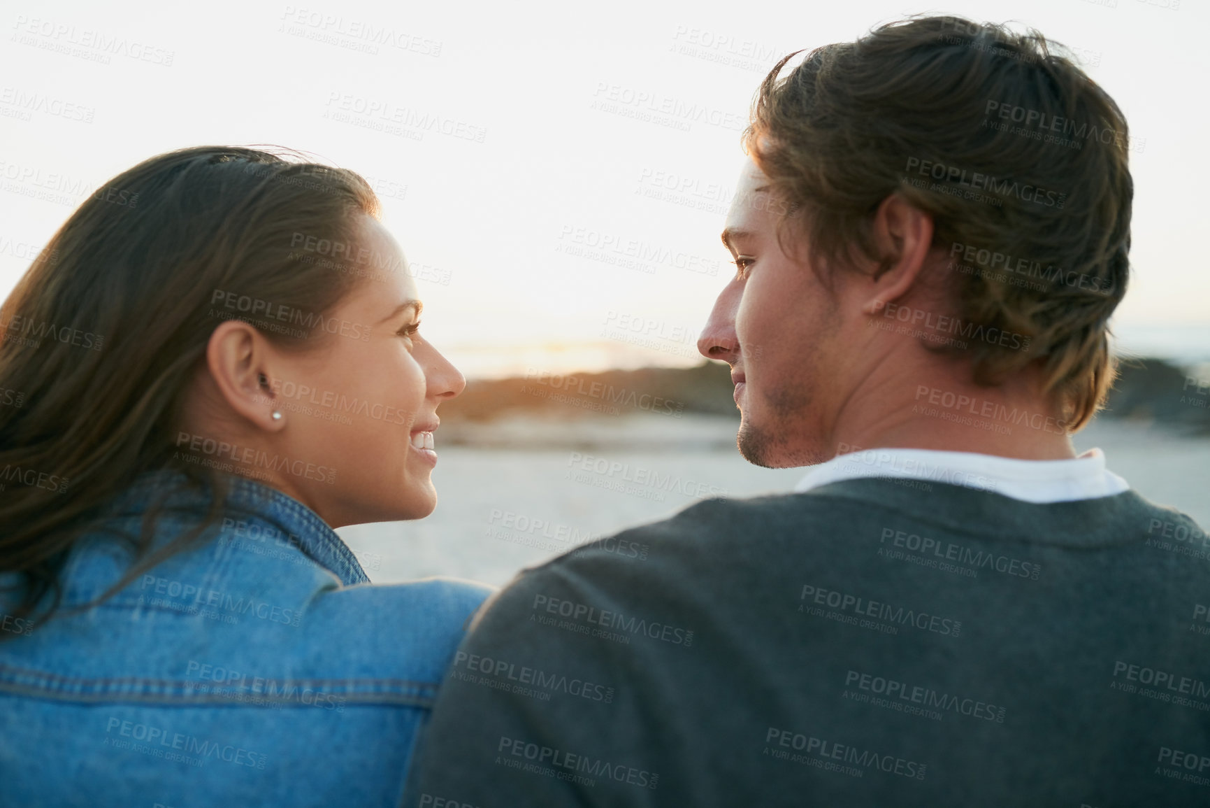 Buy stock photo Happy couple, outdoor and bonding together with happiness, comfort and break in nature on weekend. People, love and affection for positive, care and support in summer for holiday as romantic partner