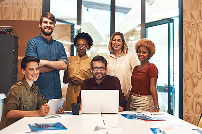 Buy stock photo Portrait of a diverse group of businesspeople working together in an office