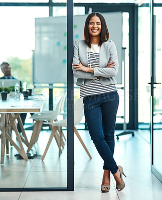 Buy stock photo Portrait, business and woman with arms crossed, smile and startup success in a modern office. Face, female person and employee with confidence, motivation and career with professional and leadership 