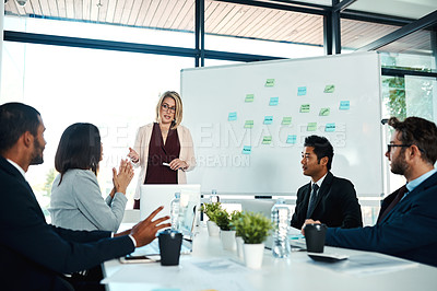 Buy stock photo Business, presentation and meeting with teamwork and conversation at the office for training. Professional, leadership and seminar for teaching in a company for planning and ideas during workshop.