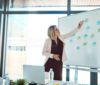 Buy stock photo Shot of a businesswoman writing on a whiteboard in an office