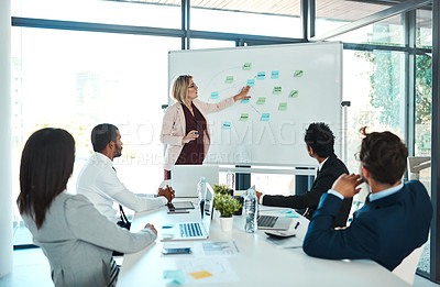 Buy stock photo Meeting, presentation and strategy with a business woman coaching her team in the boardroom during a workshop. Data, planning and chart with a female manager teaching an employee group in the office