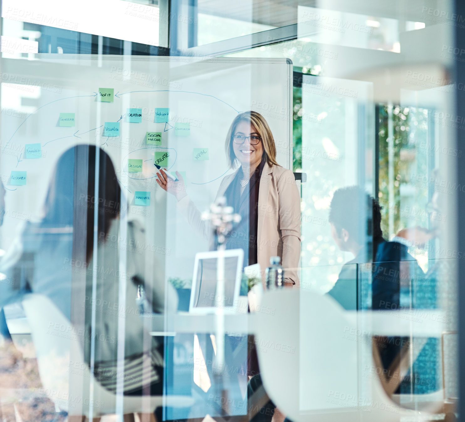 Buy stock photo Presentation, glass and woman at whiteboard in office for meeting, brainstorming or business objectives. Planning, writing and project manager at moodboard with ideas for team development workshop