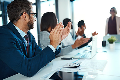 Buy stock photo Meeting, presentation and business people in office with applause for success, proposal or ideas. Celebration, men and women in conference room with praise for achievement, pitch or planning seminar