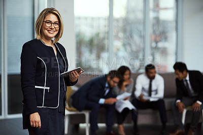 Buy stock photo Portrait of a businesswoman holding a digital tablet