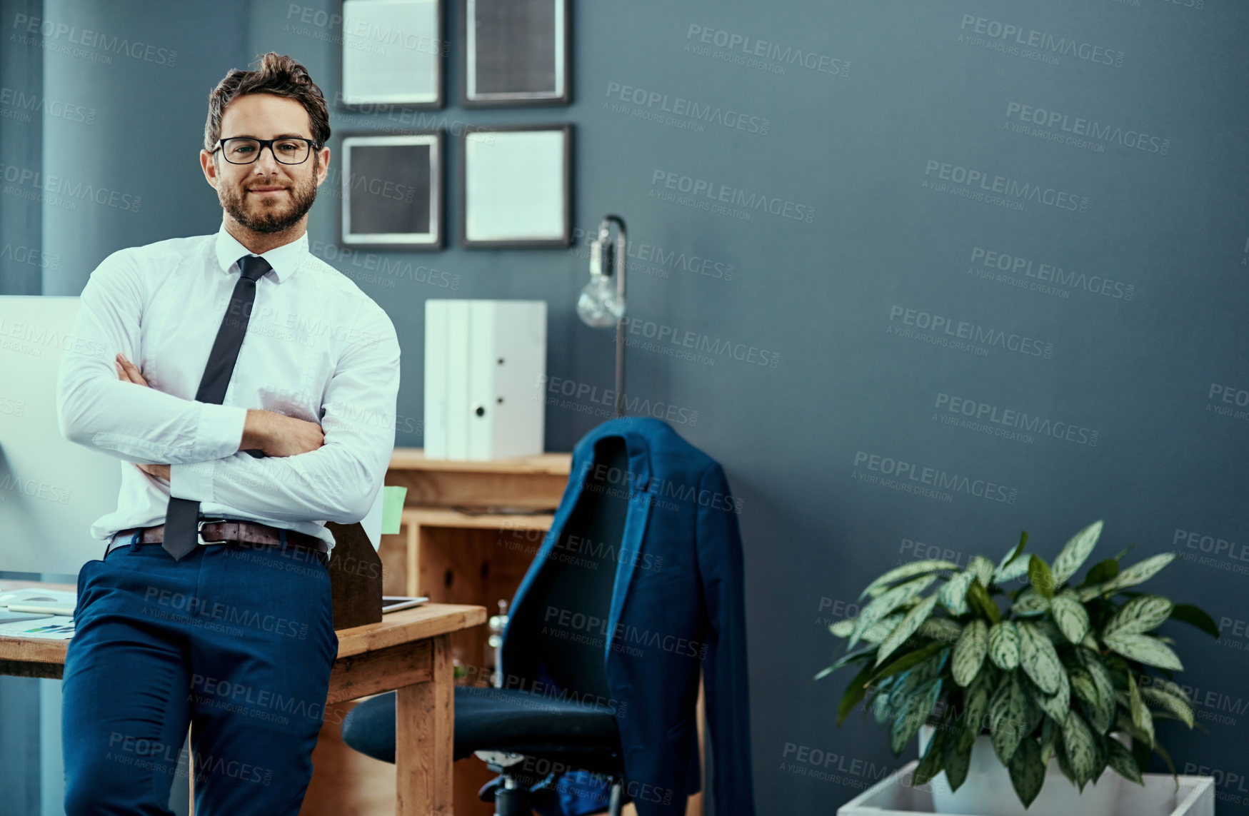 Buy stock photo Business man, portrait and arms crossed in office with happy auditor at desk with success. Professional, financial and employee smile at accounting company with confidence from tax work with mockup
