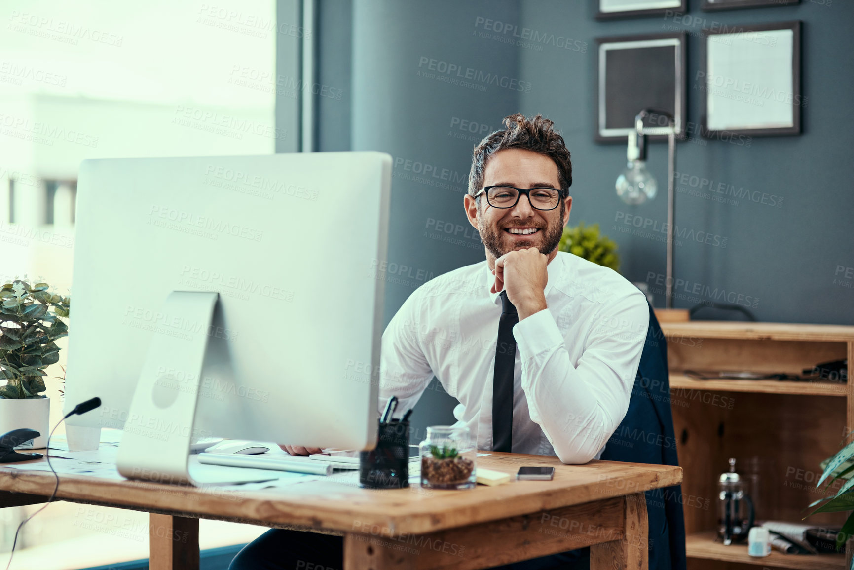 Buy stock photo Business man, laughing and computer in office with happy auditor at desk with success. Professional, financial and employee smile at accounting company with confidence from tax work with funny joke