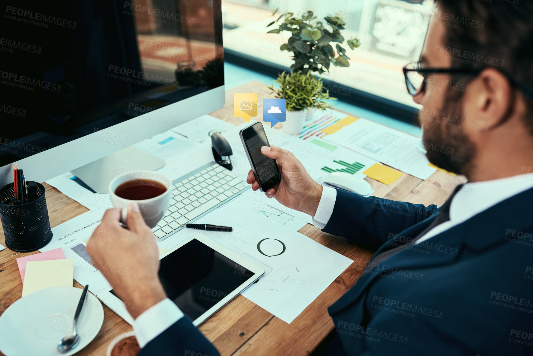 Buy stock photo Businessman, phone and reading with documents in office for investment, report and share price growth. Company, data analyst and coffee with technology at desk for trading portfolio, kpi or revenue