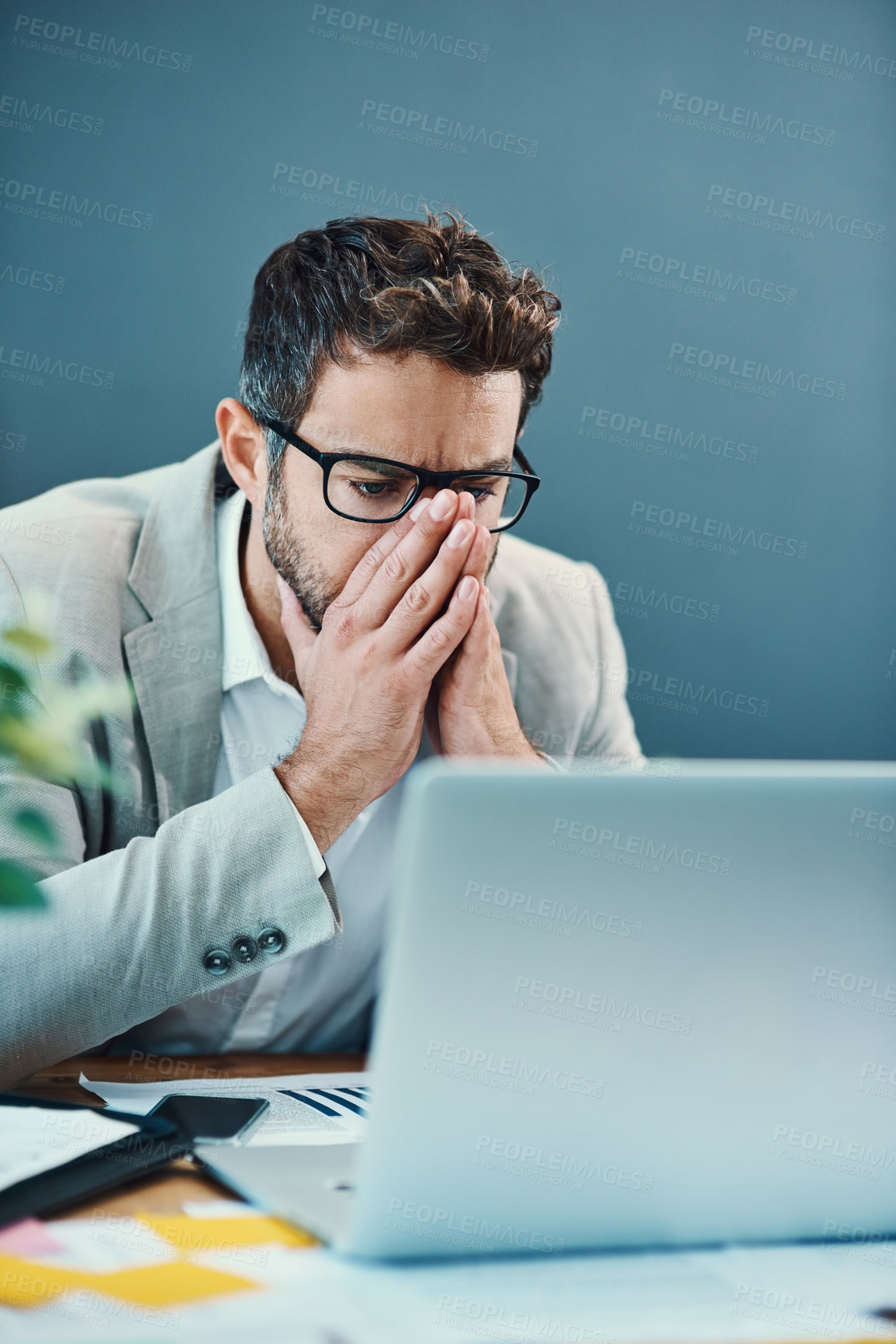 Buy stock photo Business man, laptop and reading with stress, mistake and thinking for problem solving at insurance agency. Person, computer and glitch at office, crisis and charts with error for stats at company