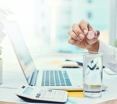 Buy stock photo Shot of an unrecognisable businessman dissolving an effervescent tablet in a glass of water