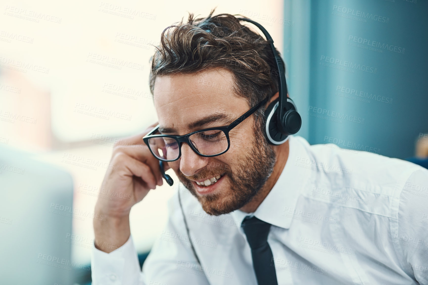 Buy stock photo Business, man and call centre with headset listening, help desk and customer service or online advice. Tech support, sales and network with microphone for communication, agent and consultation