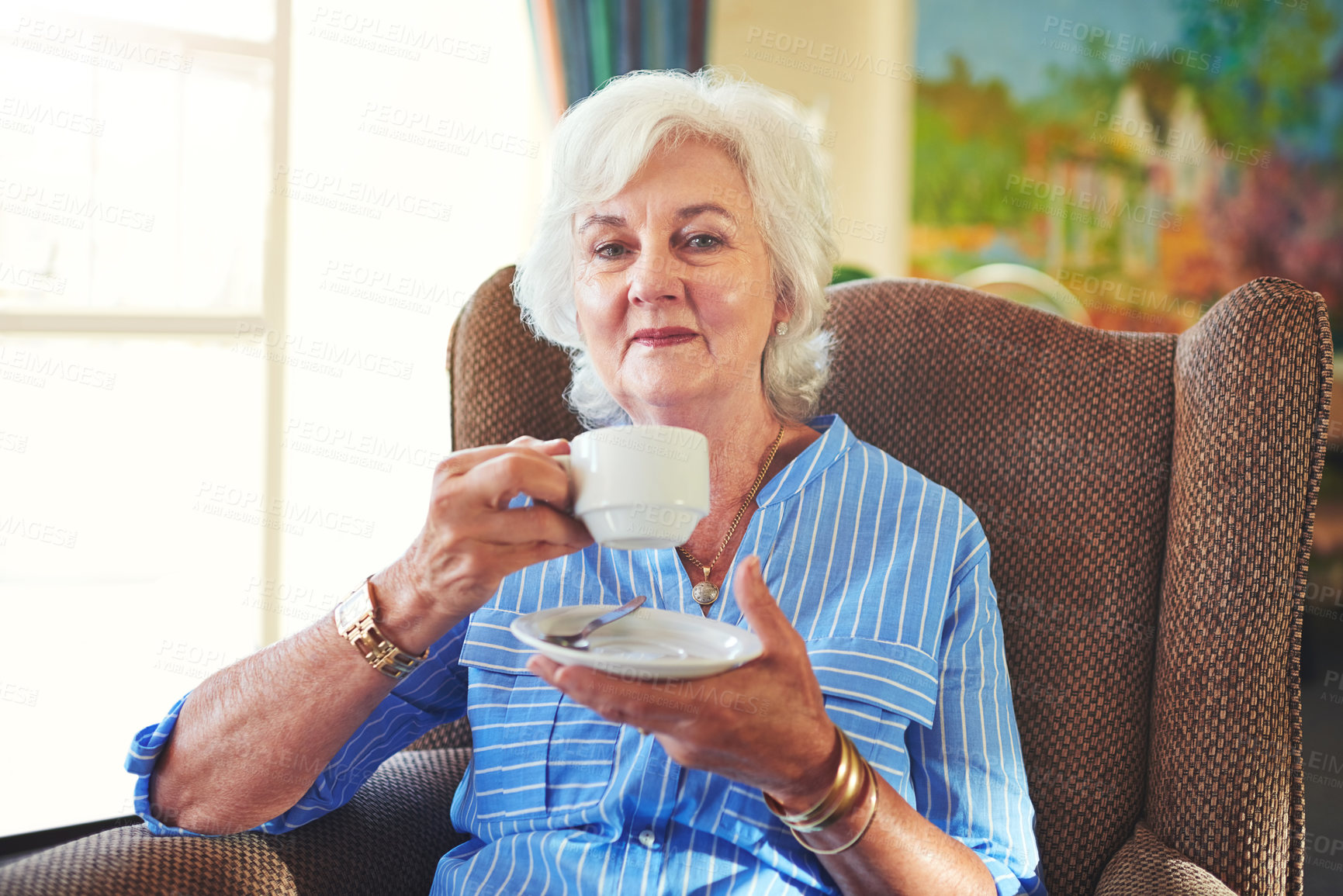 Buy stock photo Tea, relax and portrait of old woman on sofa of living room for peace, smile and comfort. Self care, morning and calm with elderly person drinking coffee in retirement home for beverage and happiness