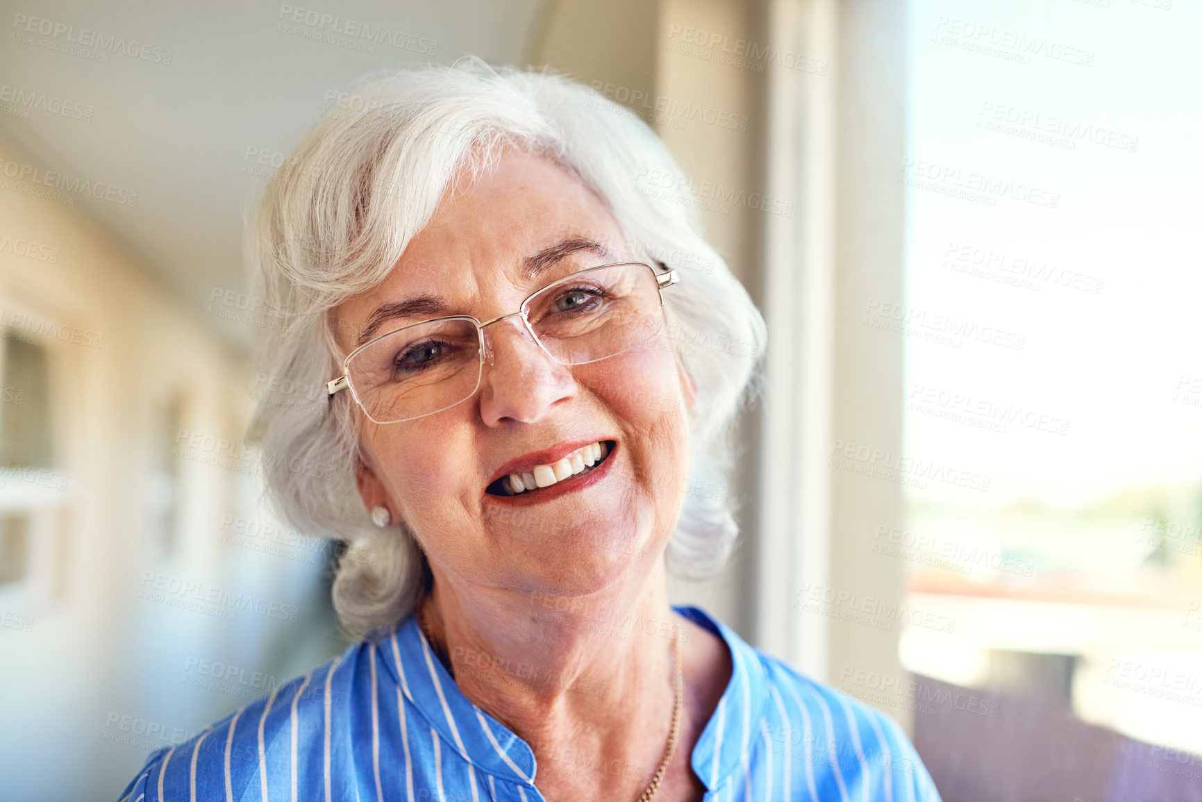 Buy stock photo Glasses, excited and portrait of senior woman in home with positive attitude for retirement. Smile, memory and elderly female person from Ireland with happiness for pension fund payout with finance.