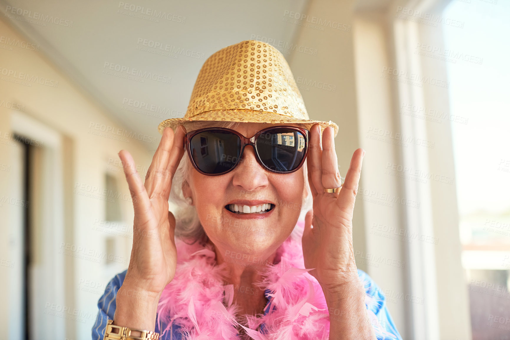 Buy stock photo Vacation, portrait and elderly woman with sunglasses for weekend trip, travel and getaway in retirement. Senior person, happy and hat with accessories at holiday home for summer, adventure and break