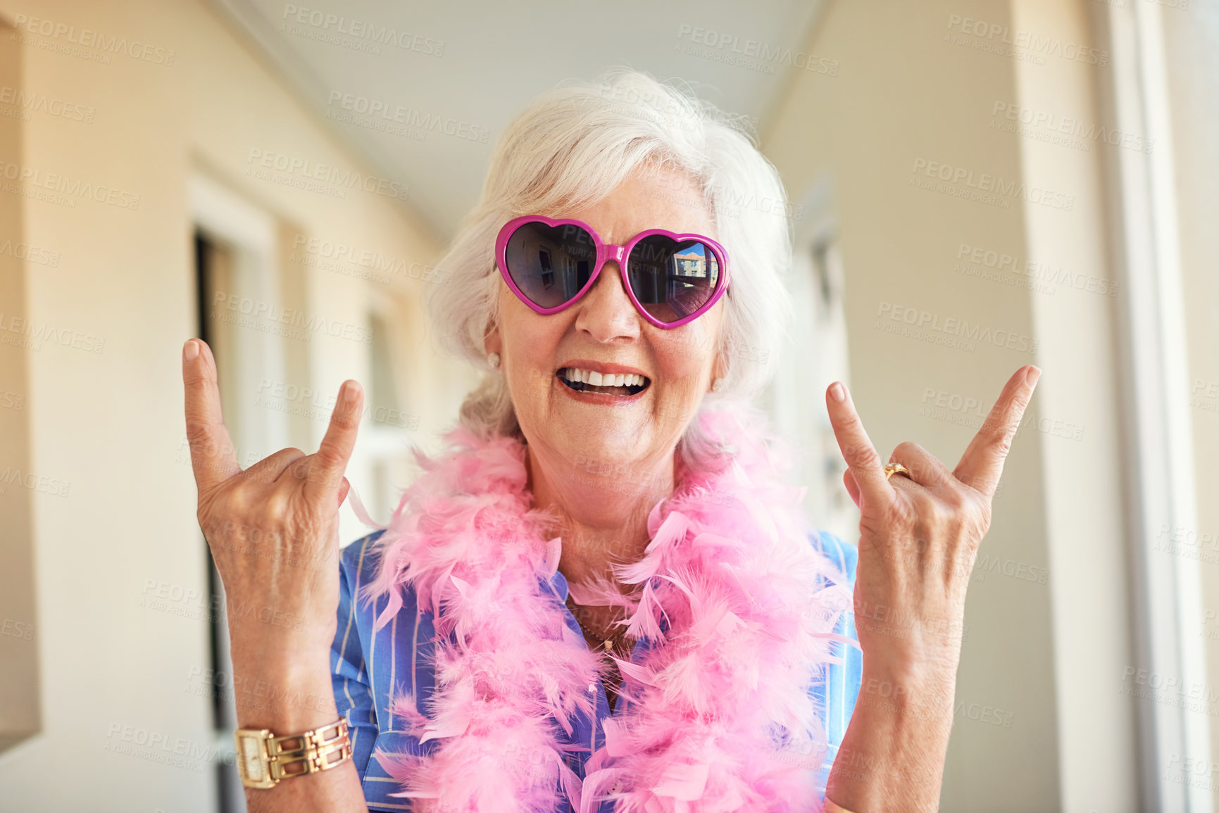 Buy stock photo Hands, portrait or old woman in home for rock and roll sign, gesture or symbol with sunglasses. Fashion, happy or elderly rebel with rocker icon for edgy, cool or metal style as trendy senior citizen