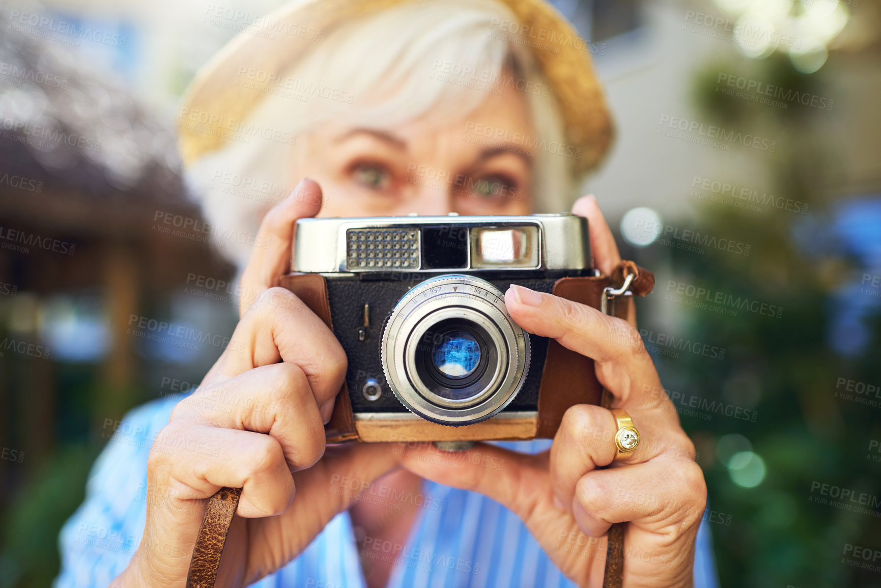 Buy stock photo Camera, hands and senior woman in nature for memory, social media or online blog for travel. Retro, photography and elderly female person in retirement with dslr equipment outdoor on vacation.