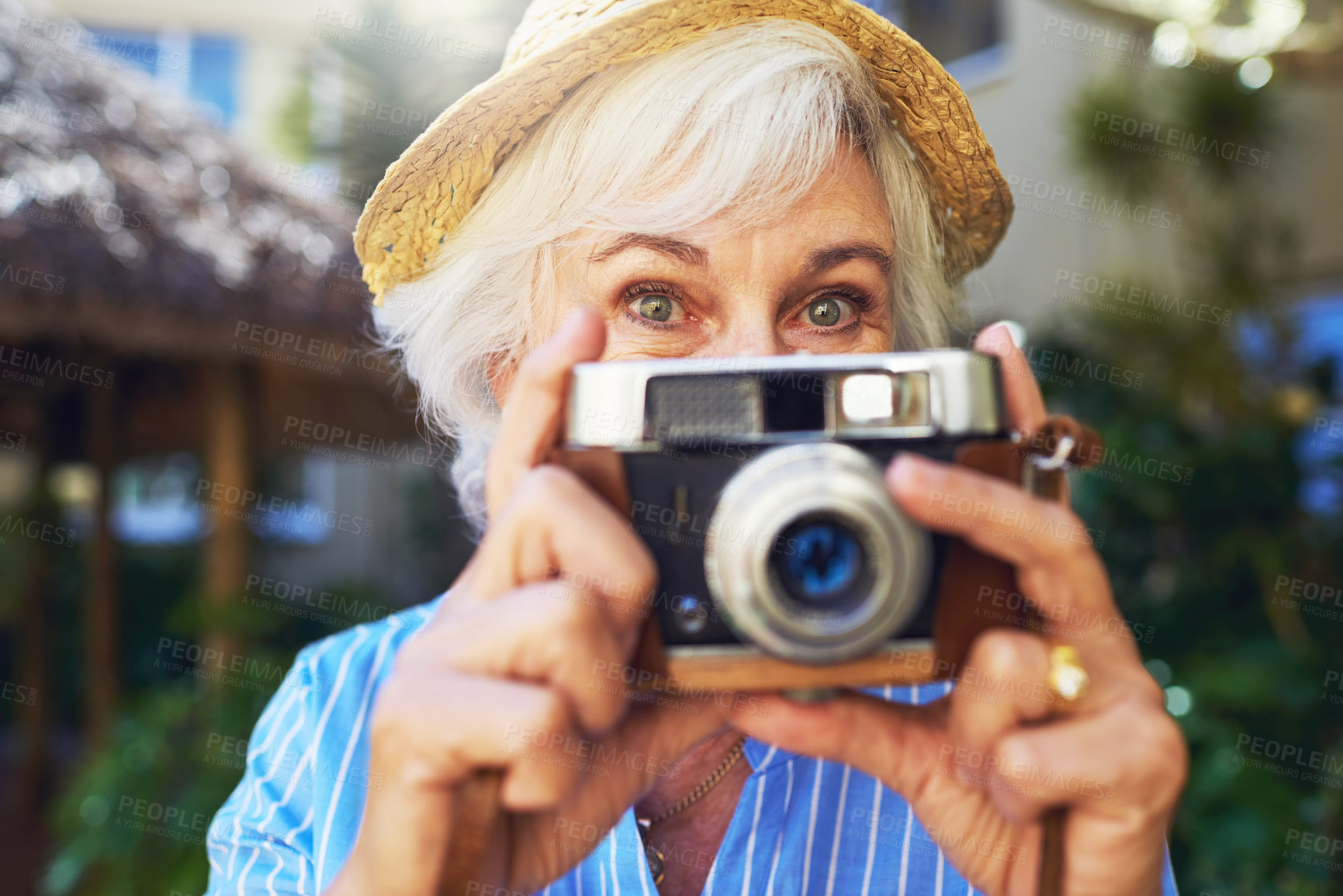 Buy stock photo Camera, portrait and senior woman in nature for memory, social media or online blog for travel. Retro, photography and elderly female person in retirement with dslr equipment outdoor on vacation.