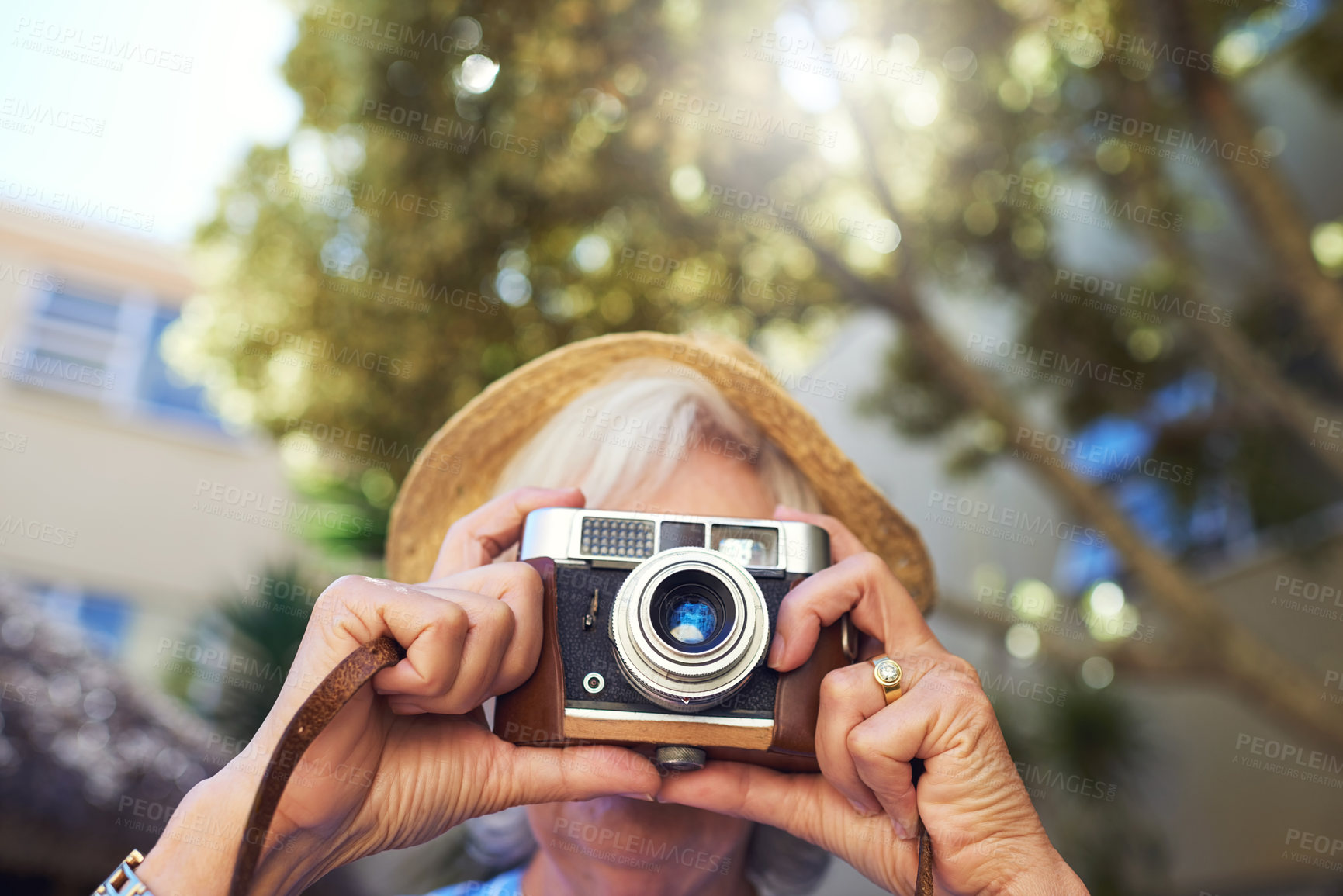 Buy stock photo Camera, explore and senior woman in nature for memory, social media or online blog for travel. Retro, photography and elderly female person in retirement with dslr equipment outdoor on vacation.