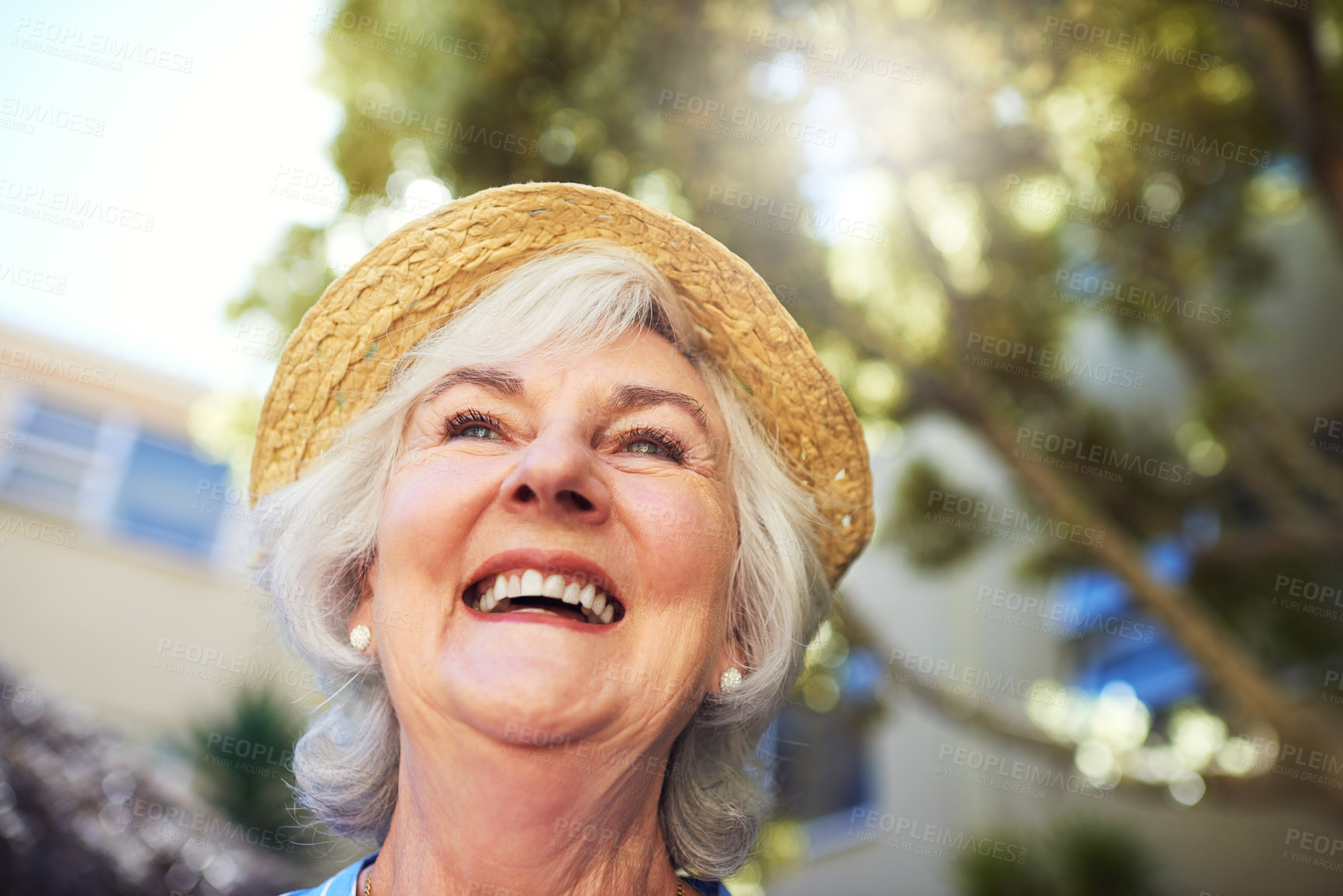 Buy stock photo Elderly woman, smile and happy outdoor for retirement, relax and home comfort for wellness. Senior person, low angle and garden with carefree, confidence and pensioner for healthy joy and fresh air