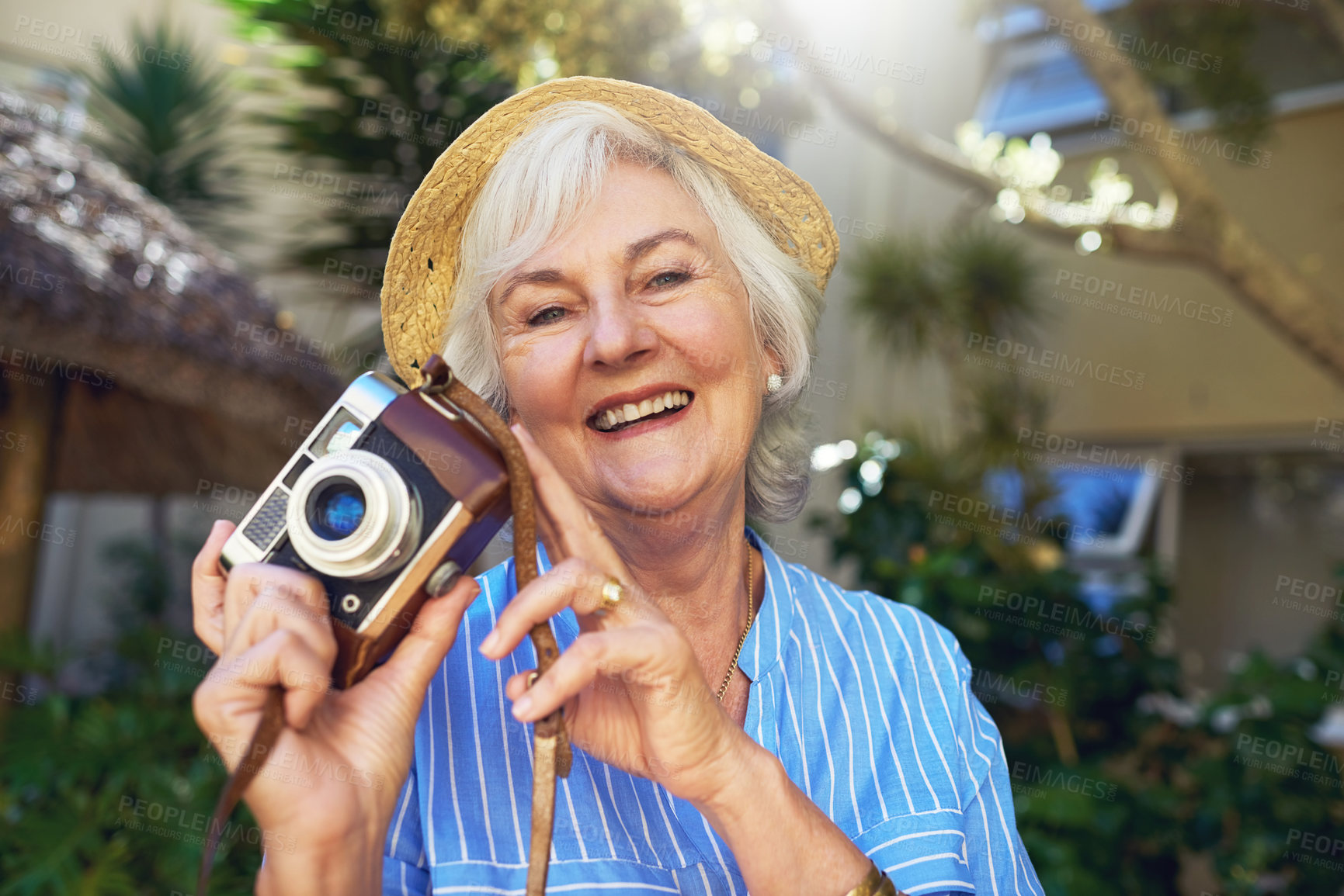 Buy stock photo Camera, happy and portrait of senior woman in nature for memory, social media or online blog for travel. Retro, photography and elderly person in retirement with dslr equipment outdoor on vacation.