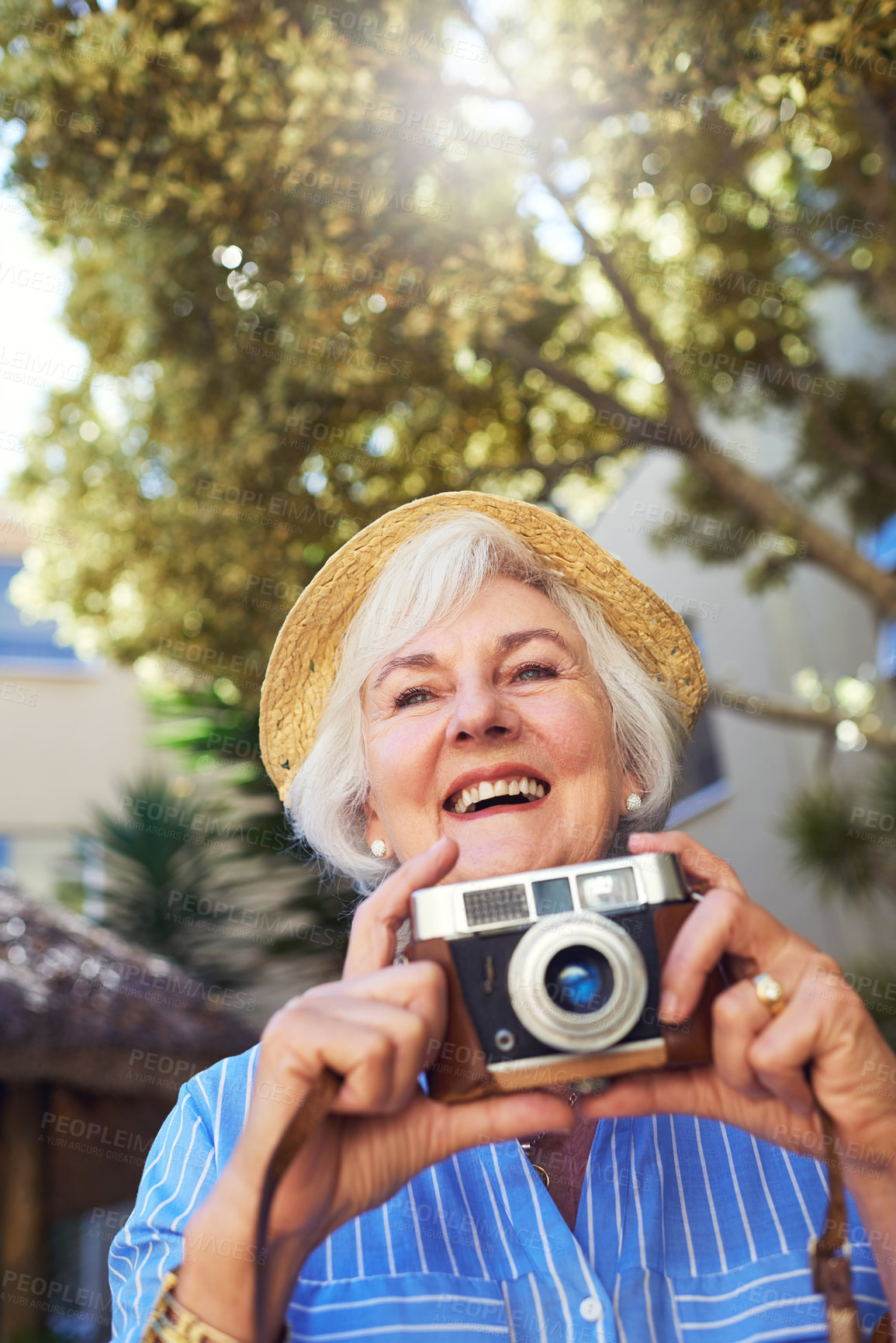 Buy stock photo Camera, happy and senior woman in nature for memory, social media or online blog for travel. Retro, photography and elderly female person in retirement with dslr equipment outdoor on vacation.