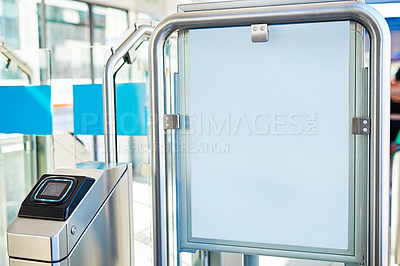 Buy stock photo Entrance, poster and station with advertising on board for billboard, sign and travel information. Terminal, gate and marketing with mockup space for design, announcement and branding of transport