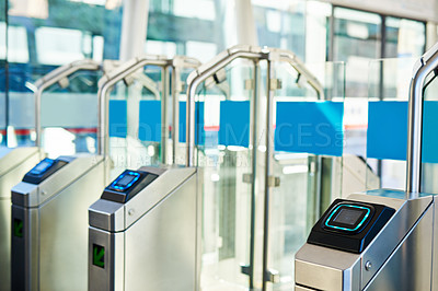 Buy stock photo Ticket machine, barriers and entrance at subway station with electronic scanner, access control and exit. Security system, automatic entry and checkpoint at airport for safety, travel and transport