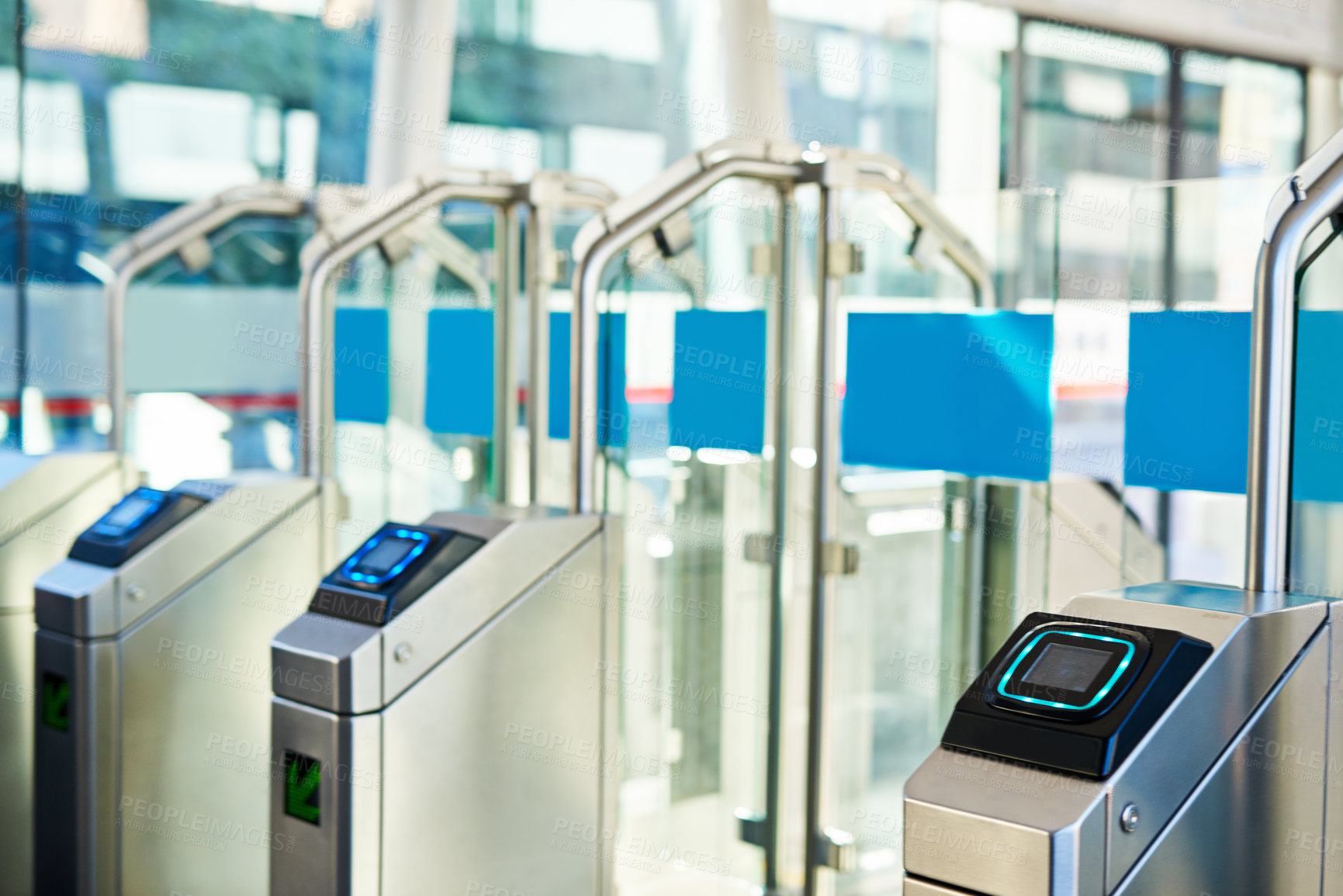 Buy stock photo Ticket machine, barriers and entrance at subway station with electronic scanner, access control and exit. Security system, automatic entry and checkpoint at airport for safety, travel and transport