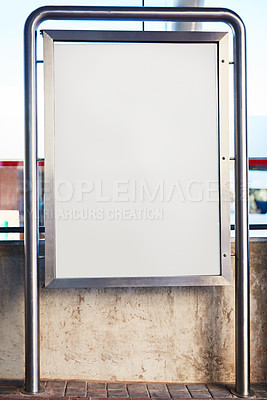 Buy stock photo Poster, mockup space and frame in city for advertising, promotion or marketing display. Signage, billboard and blank banner in town for outdoor commercial, announcement or publicity information.