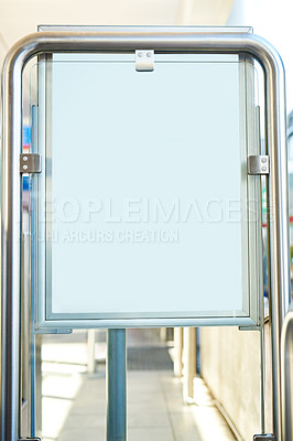 Buy stock photo Poster, mockup space and frame at bus stop for advertising, promotion or marketing display. Signage, billboard and blank banner in town for outdoor commercial, announcement or publicity information.