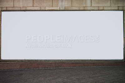 Buy stock photo Blank sign, billboard and wall with mockup space for advertising, message or notification in city. Empty poster, banner or paper with announcement for brand, logo or marketing design in an urban town