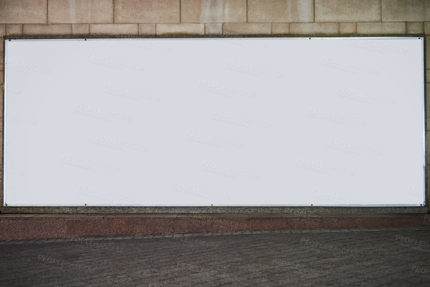 Buy stock photo Blank sign, billboard and wall with mockup space for advertising, message or notification in city. Empty poster, banner or paper with announcement for brand, logo or marketing design in an urban town