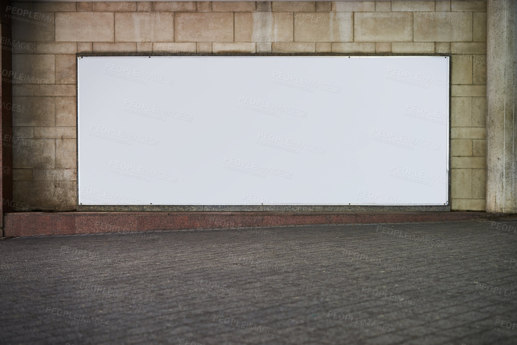 Buy stock photo Poster, mockup space and sign on wall in city for advertising, promotion or marketing display. Media, billboard and blank banner in town for outdoor commercial, announcement or publicity information.