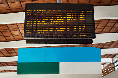 Buy stock photo Display, screen and travel notice at airport, digital sign and public information at station. Board, announcement and billboard for transportation timetable, flight schedule and dashboard for news