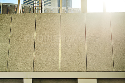 Buy stock photo Building, wall and exterior design of architecture for signage, billboard and commercial space in downtown. City, marble and rectangle pattern with fragment for facade, appearance and ceramic texture