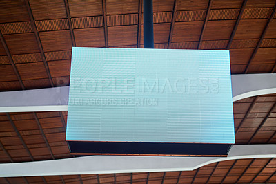 Buy stock photo Train station, empty and billboard or board sign for information, advertising and marketing with mockup. Poster, blank and banner on ceiling for branding, announcement and travel guide or direction