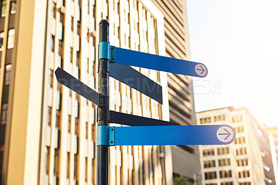 Buy stock photo Sign, street and travel direction in town, blank display and public information for tourism. Arrow, crossroads and advice for navigation to destination in city, guide symbol and urban mockup